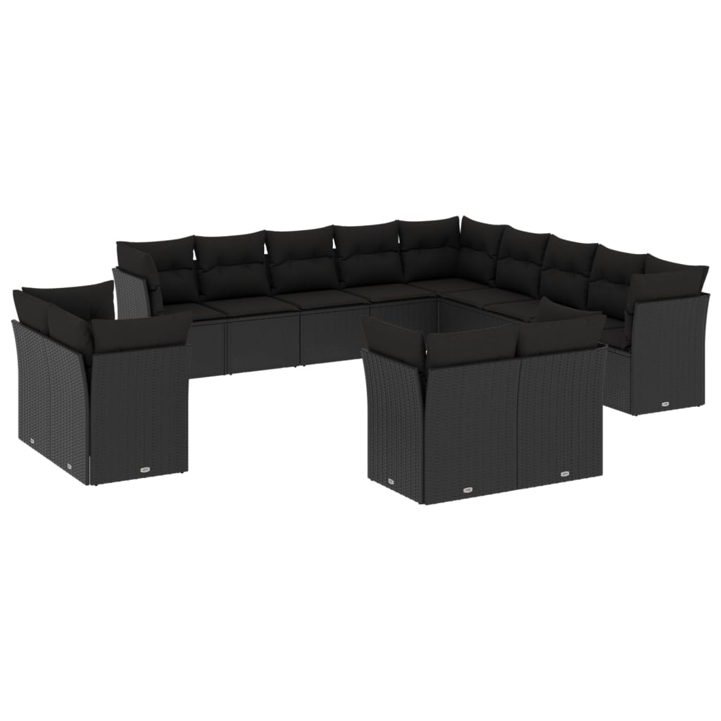 Set mobilier de grădină cu perne, 13 piese, negru, poliratan