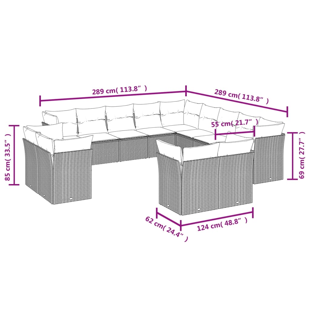 Set mobilier de grădină cu perne, 13 piese, negru, poliratan