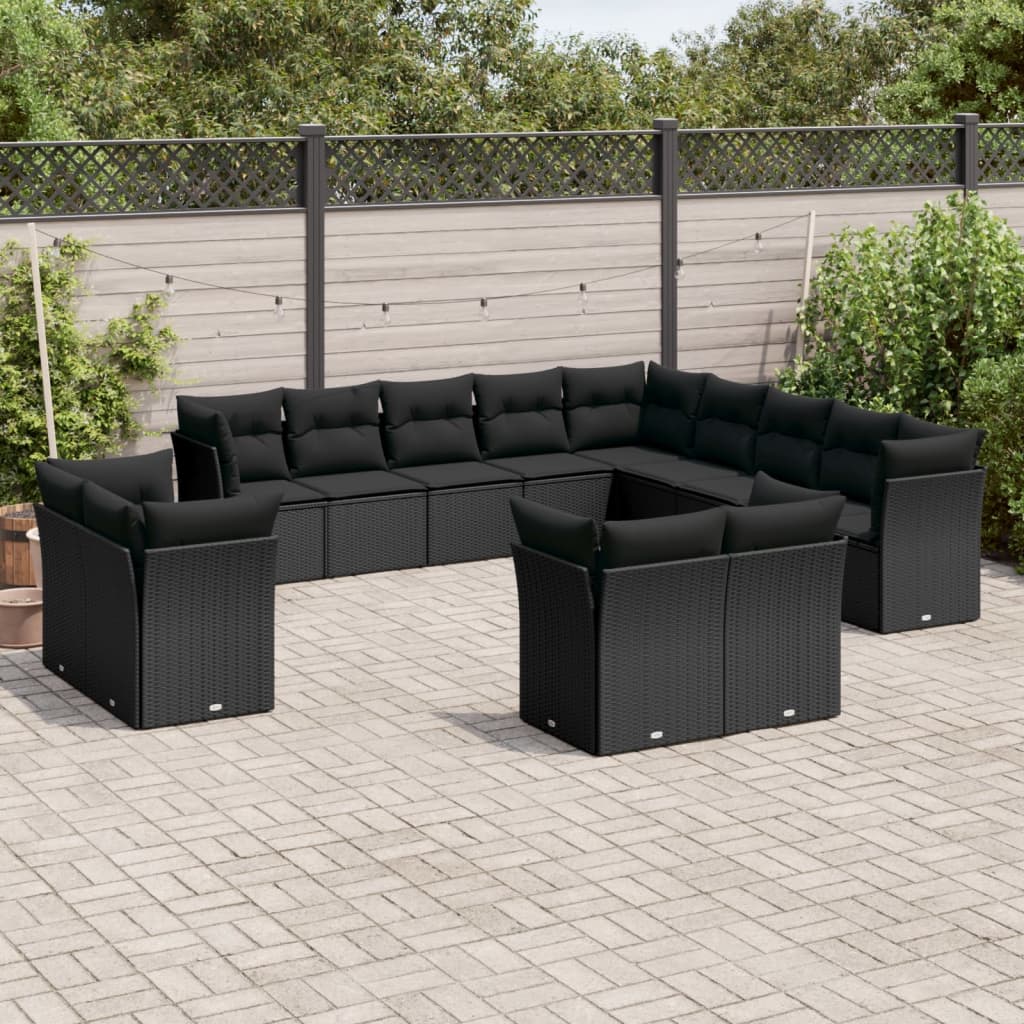 Garden furniture set with cushions, 13 pieces, black, polyrattan