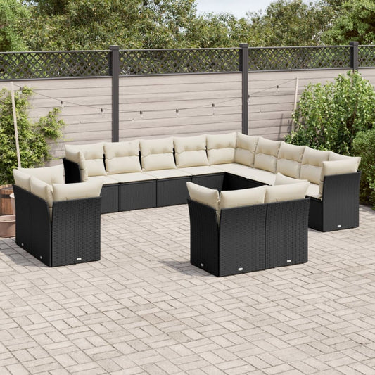 Garden furniture set with cushions, 13 pieces, black, polyrattan