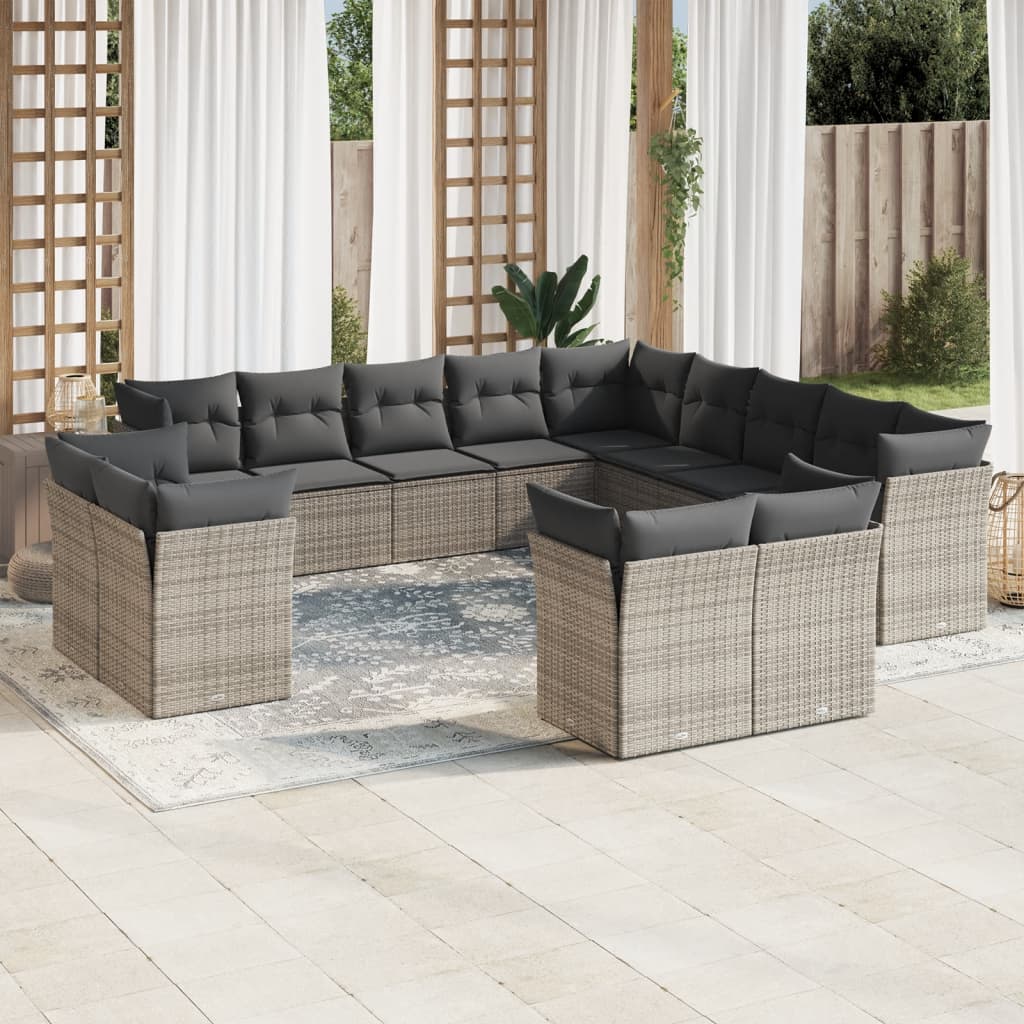 Garden furniture set with cushions, 13 pieces, grey, poly rattan