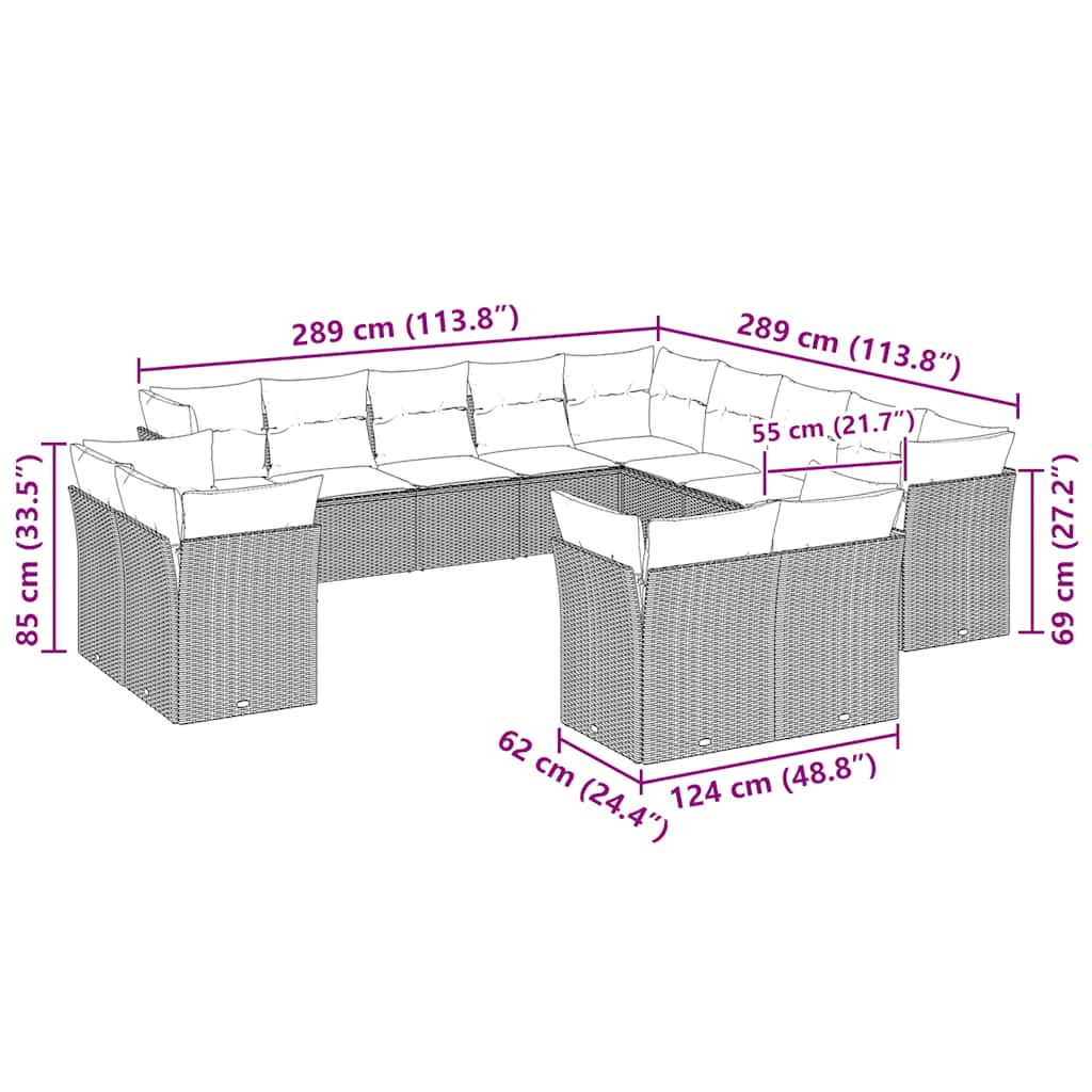 Garden sofa set with cushions, 13 pieces, light grey, polyrattan