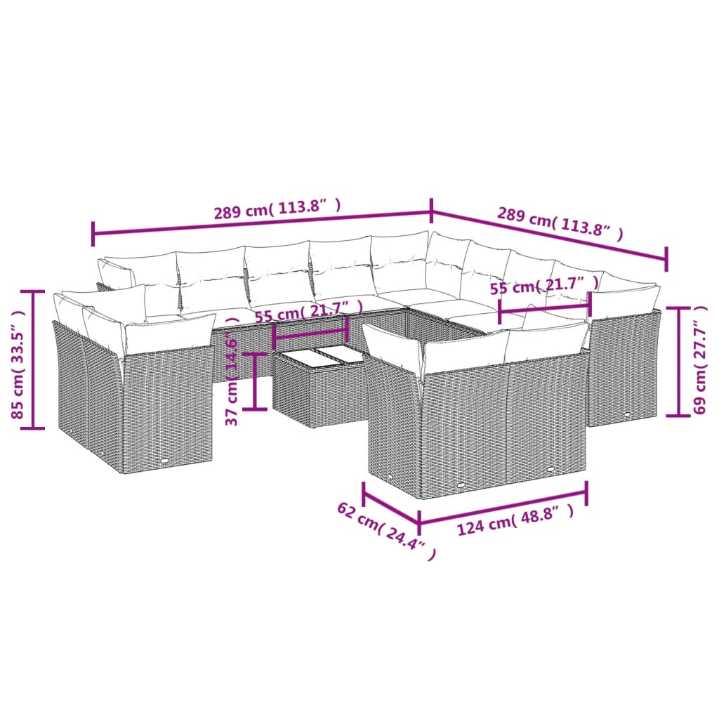 Garden sofa set, 14 pieces, with cushions, beige, polyrattan