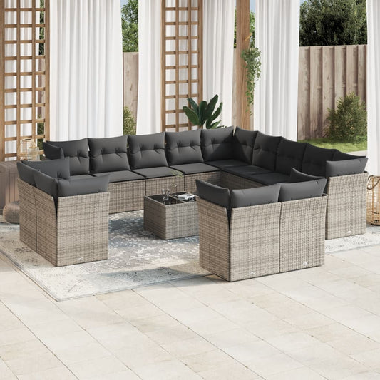 Garden furniture set with cushions, 14 pieces, grey, polyrattan