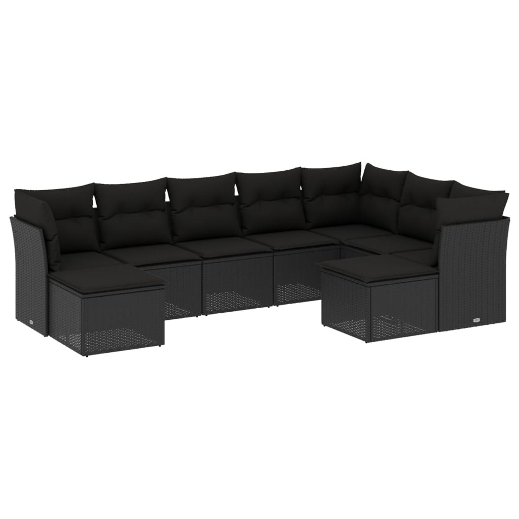 Garden furniture set with cushions, 9 pieces, black, polyrattan