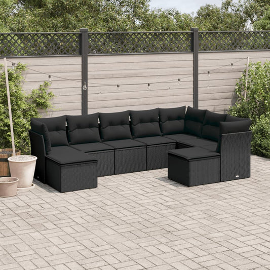 Garden furniture set with cushions, 9 pieces, black, polyrattan