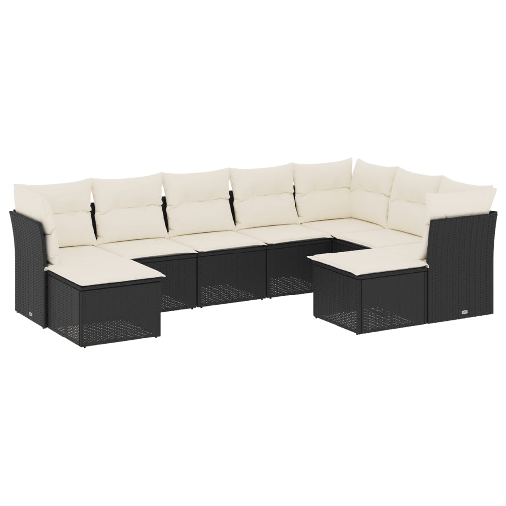 Set mobilier de grădină cu perne, 9 piese, negru, poliratan