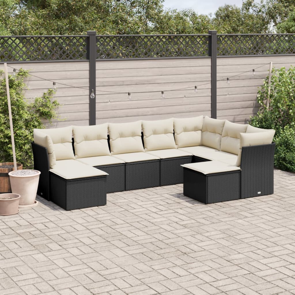 Garden furniture set with cushions, 9 pieces, black, polyrattan