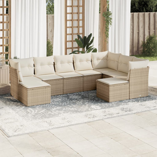 Garden sofa set, 9 pieces, with cushions, beige, polyrattan