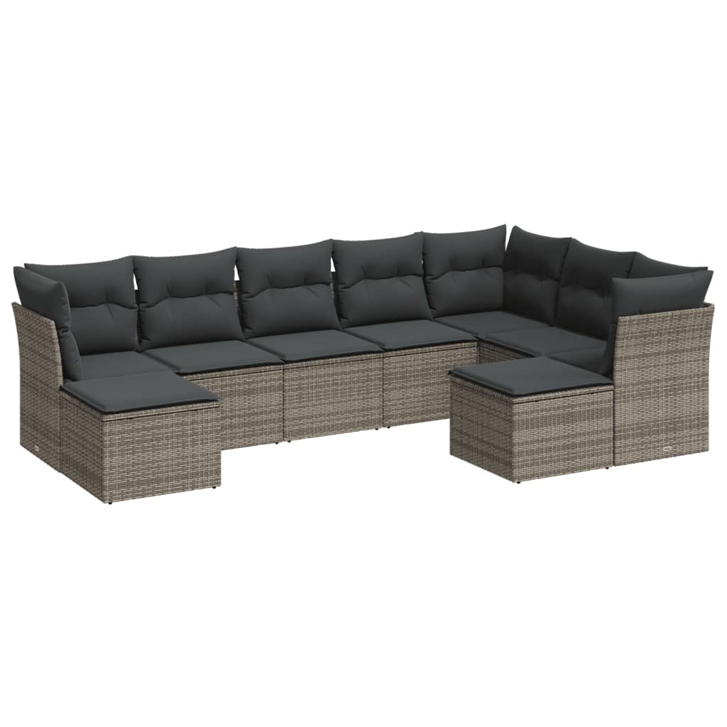 9-piece garden sofa set with cushions, grey, polyrattan