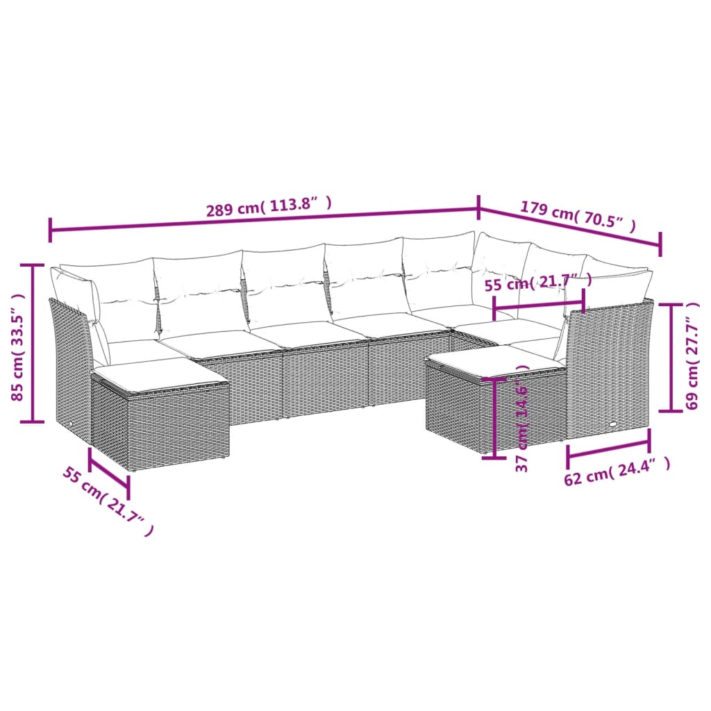 9-piece garden sofa set with cushions, grey, polyrattan