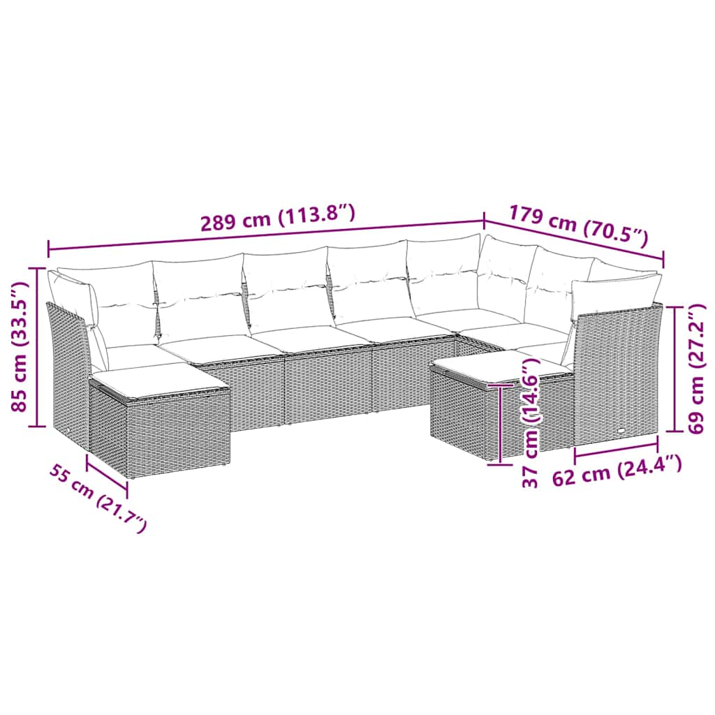 Garden sofa set with cushions, 9 pieces, light grey polyrattan