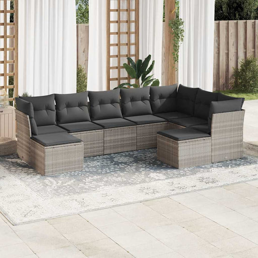 Garden sofa set with cushions, 9 pieces, light grey polyrattan