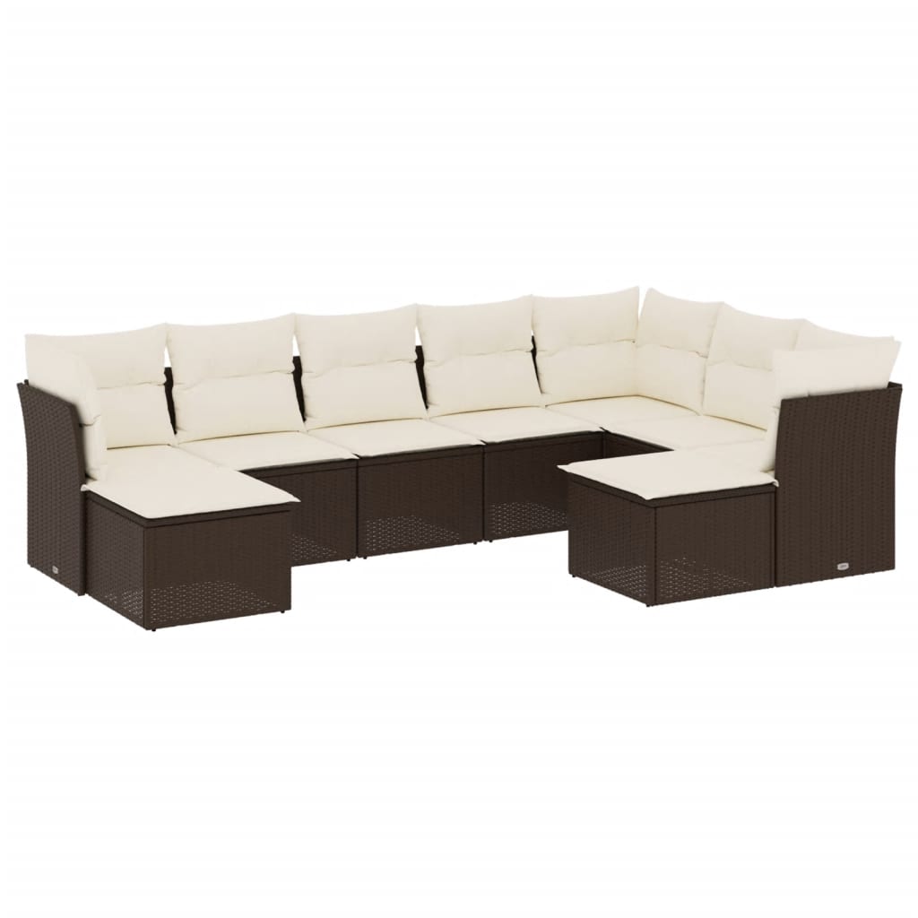 Garden sofa set with cushions, 9 pieces, brown, polyrattan