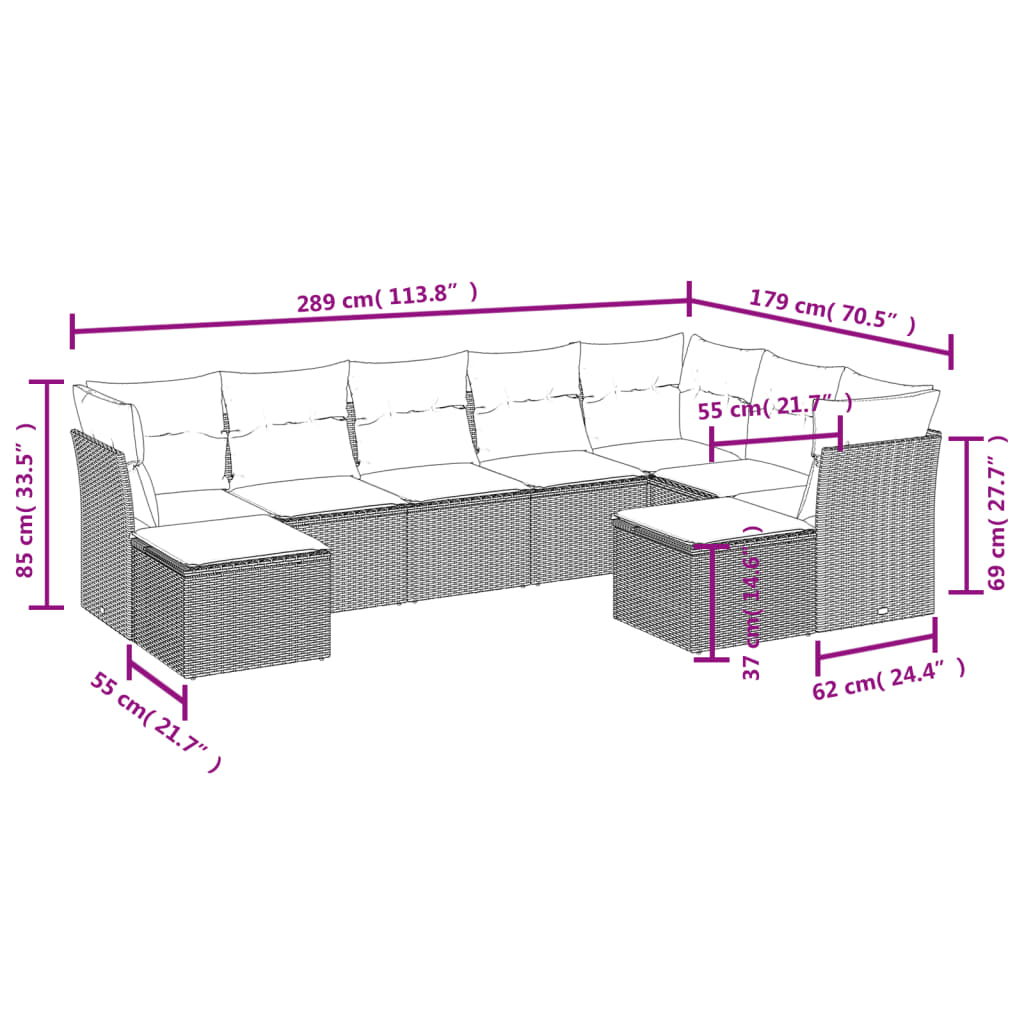 Garden sofa set with cushions, 9 pieces, brown, polyrattan