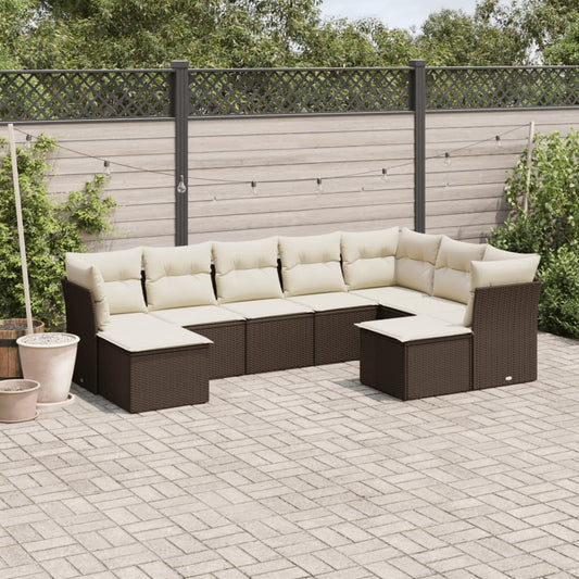 Garden sofa set with cushions, 9 pieces, brown, polyrattan