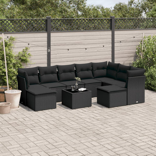 Garden sofa set with cushions, 10 pieces, black, polyrattan