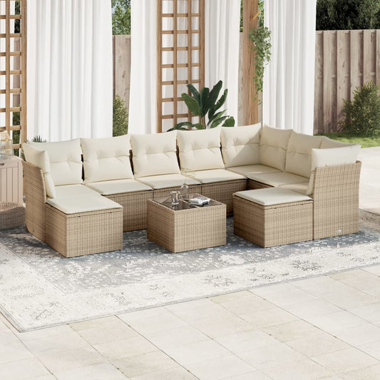 Garden sofa set with cushions, 10 pieces, beige, polyrattan