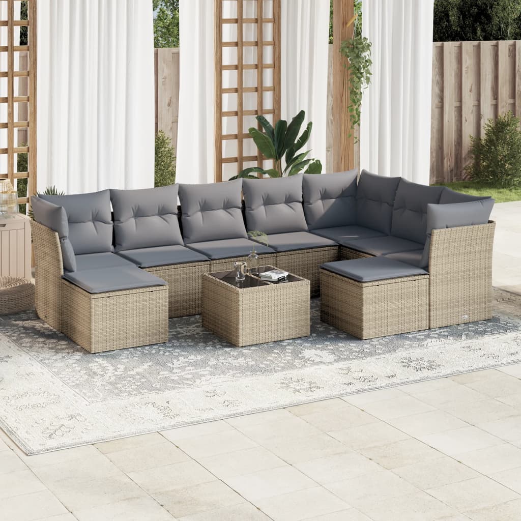 Garden sofa set with cushions, 10 pieces, beige, polyrattan