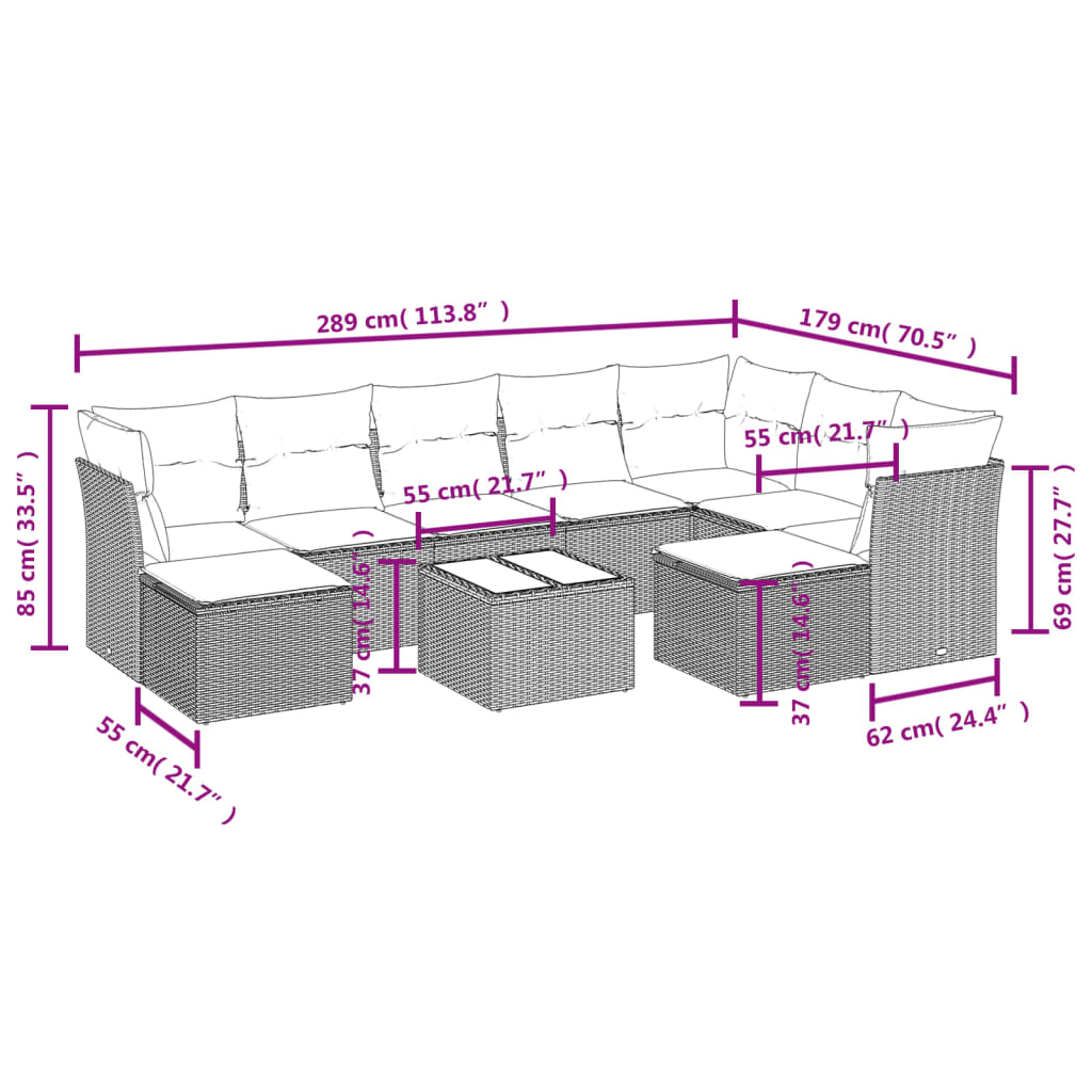 Garden furniture set with cushions, 10 pieces, grey, polyrattan