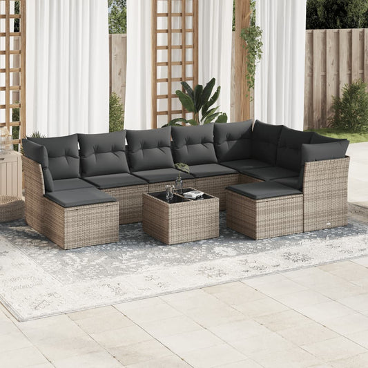 Garden furniture set with cushions, 10 pieces, grey, polyrattan