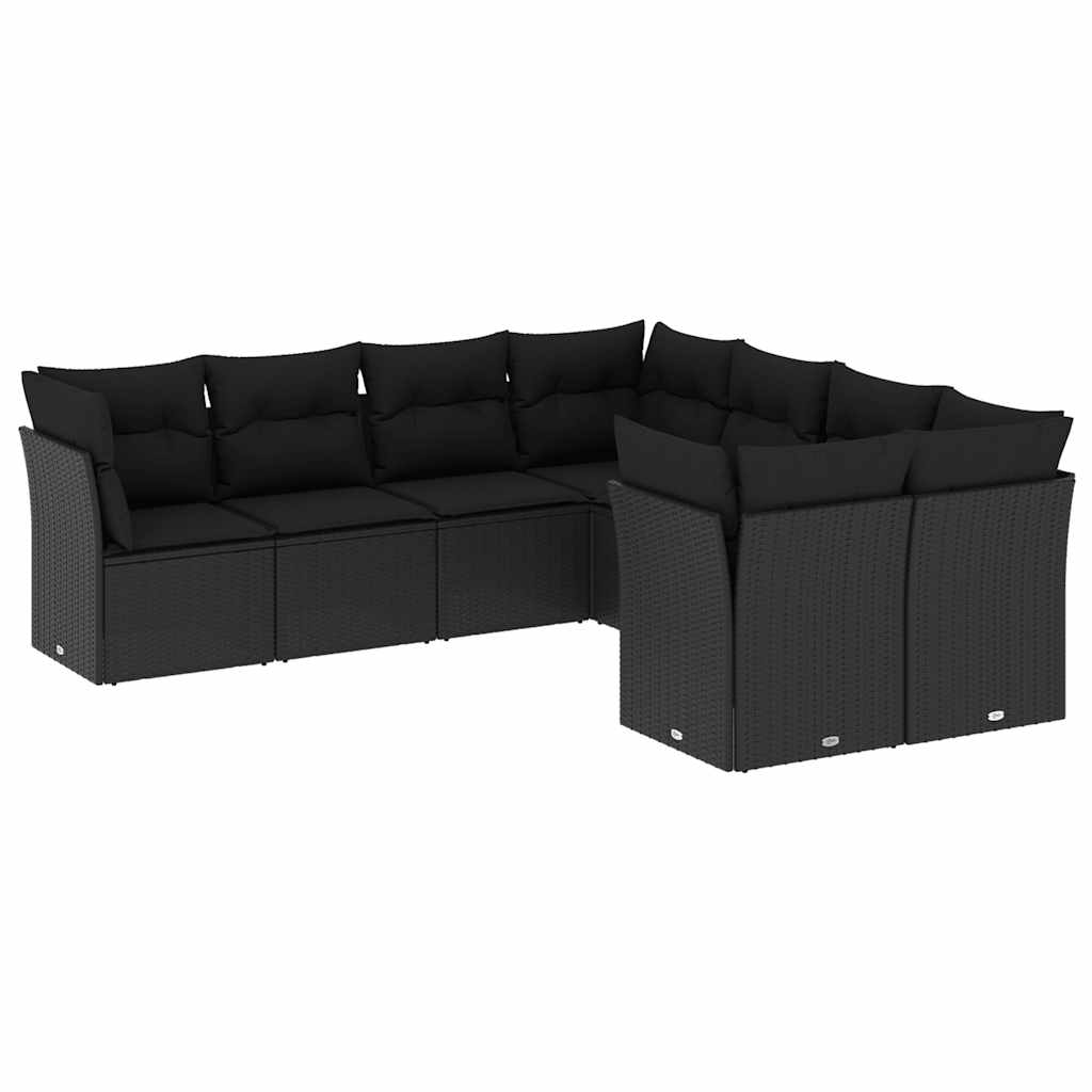 Garden furniture set with cushions, 8 pieces, black, polyrattan