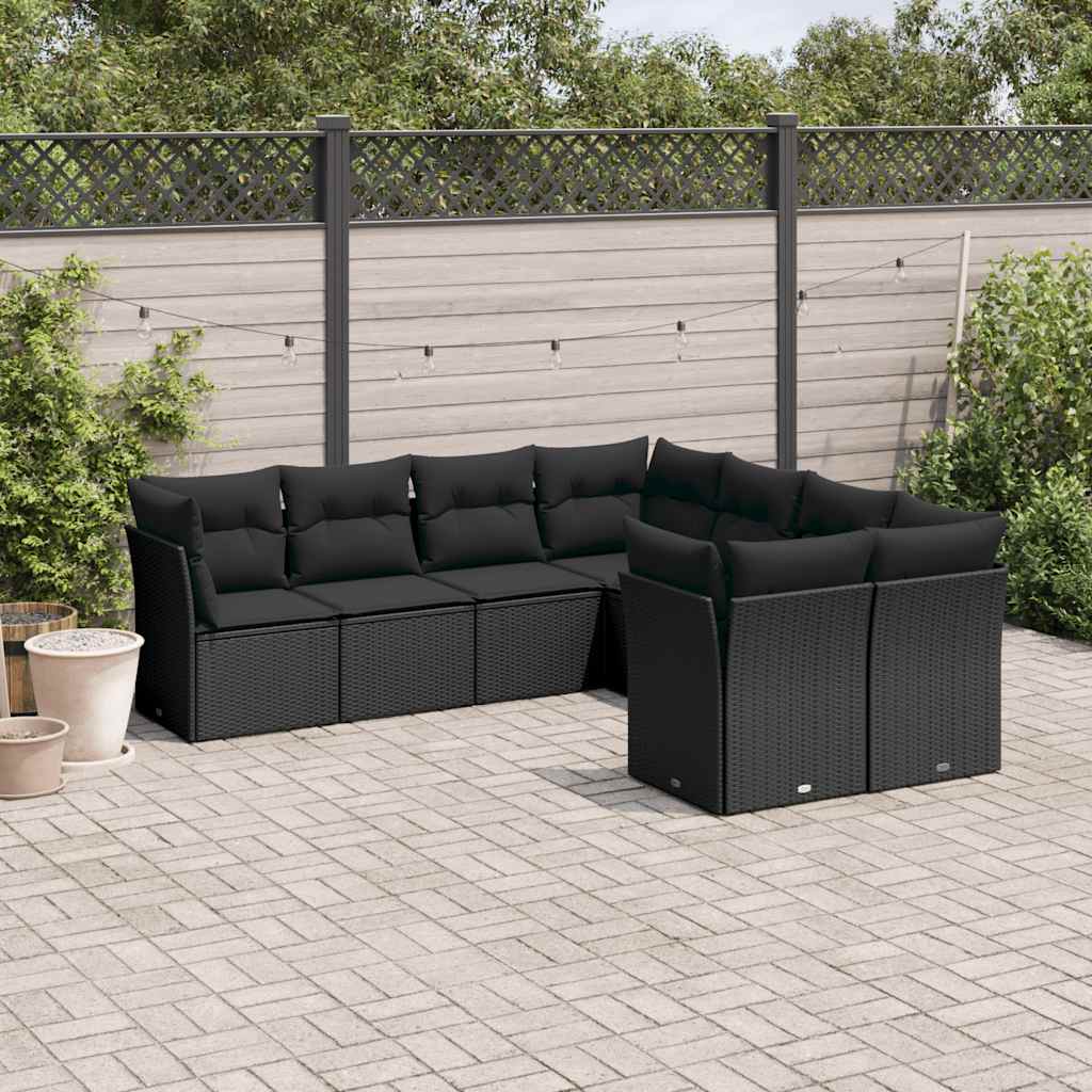 Garden furniture set with cushions, 8 pieces, black, polyrattan