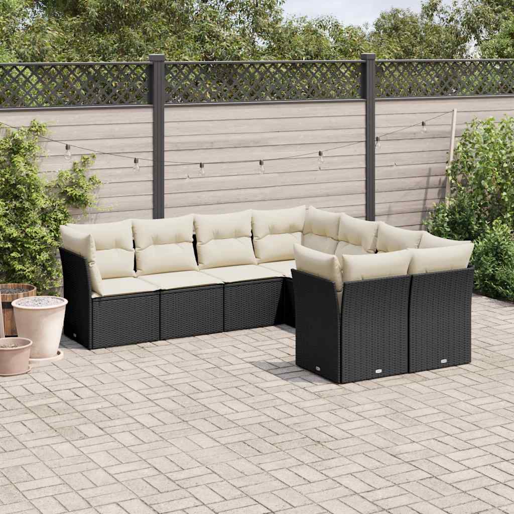 Garden furniture set with cushions, 8 pieces, black, polyrattan