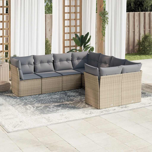 8-piece garden sofa set with cushions, beige, polyrattan