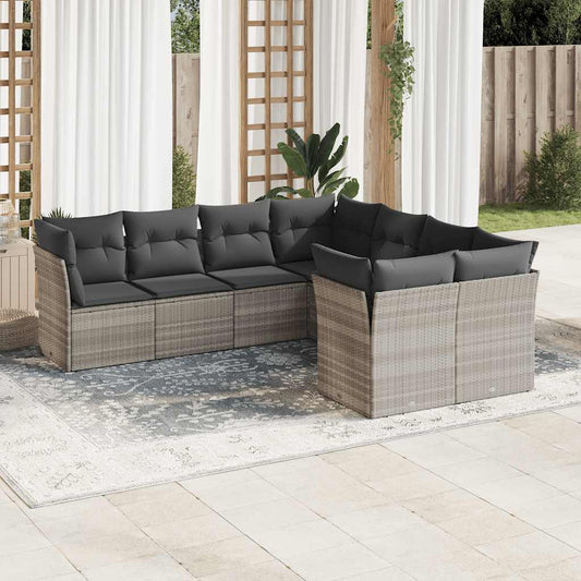 Garden furniture set with cushions, 8 pieces, light grey, polyrattan