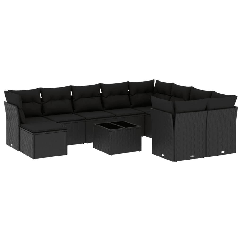 Garden sofa set with cushions, 11 pieces, black, polyrattan