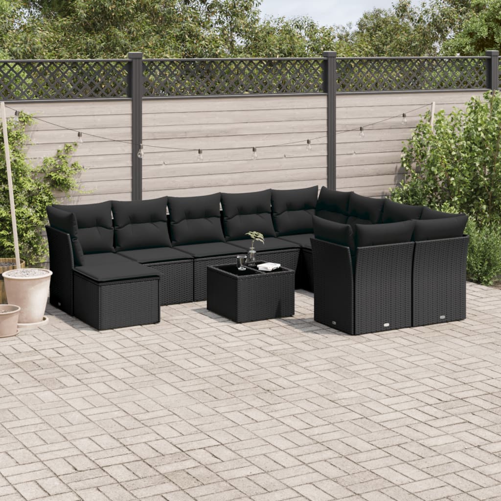 Garden sofa set with cushions, 11 pieces, black, polyrattan