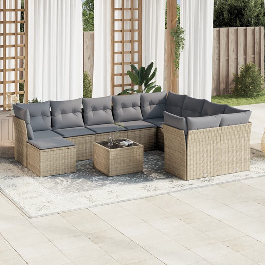 Garden sofa set with cushions, 11 pieces, beige, polyrattan