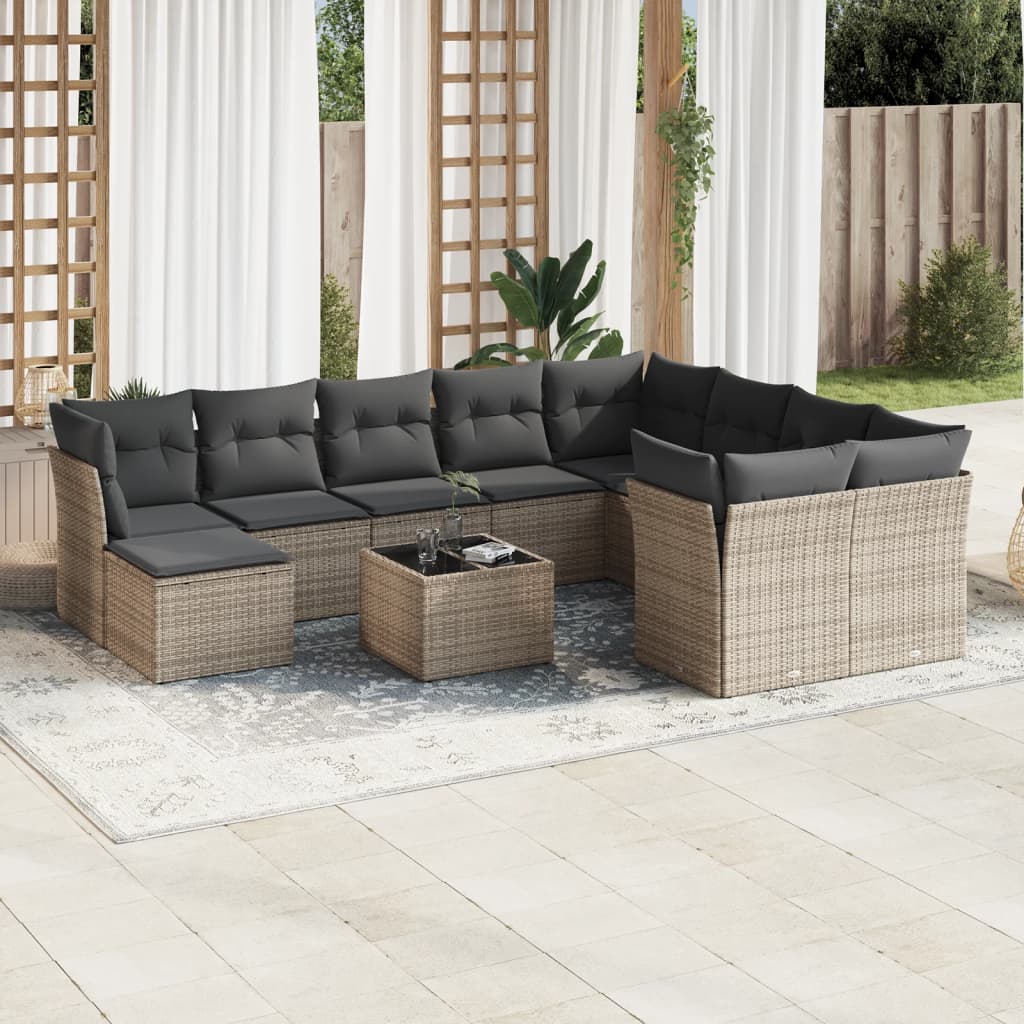 Garden sofa set with cushions, 11 pieces, grey, poly rattan