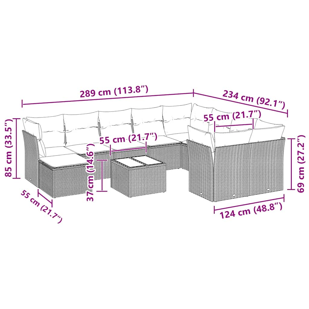 Garden sofa set with cushions, 11 pieces, grey, poly rattan