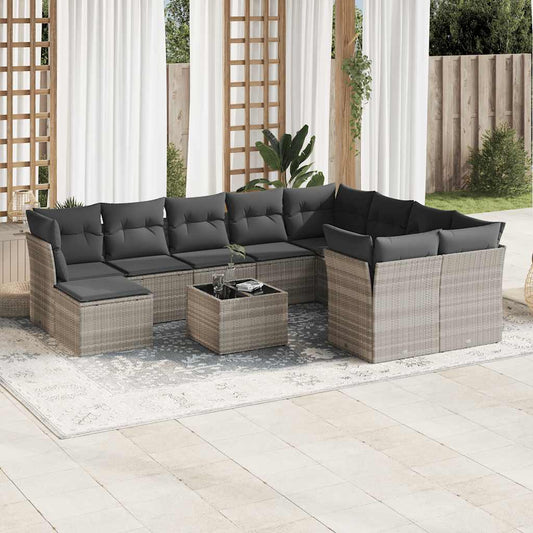 Garden sofa set with cushions, 11 pieces, grey, poly rattan