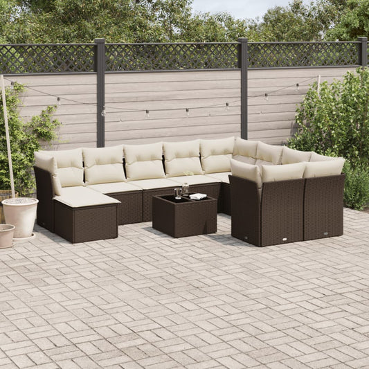 Garden sofa set with cushions, 11 pieces, brown, polyrattan