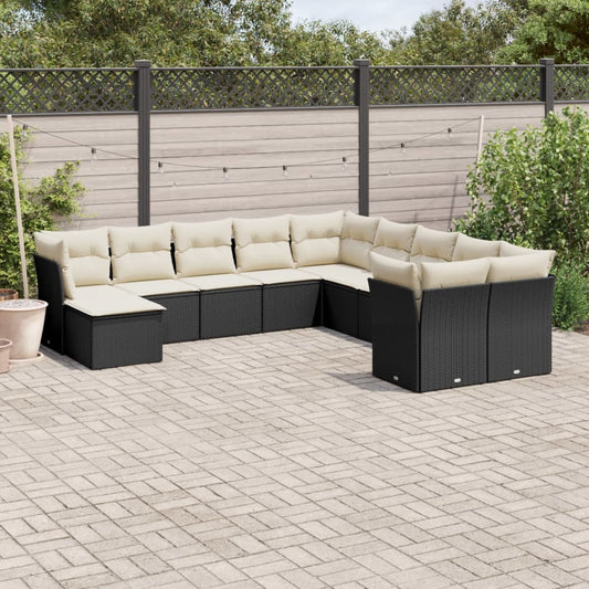 Garden sofa set with cushions, 11 pieces, black, polyrattan