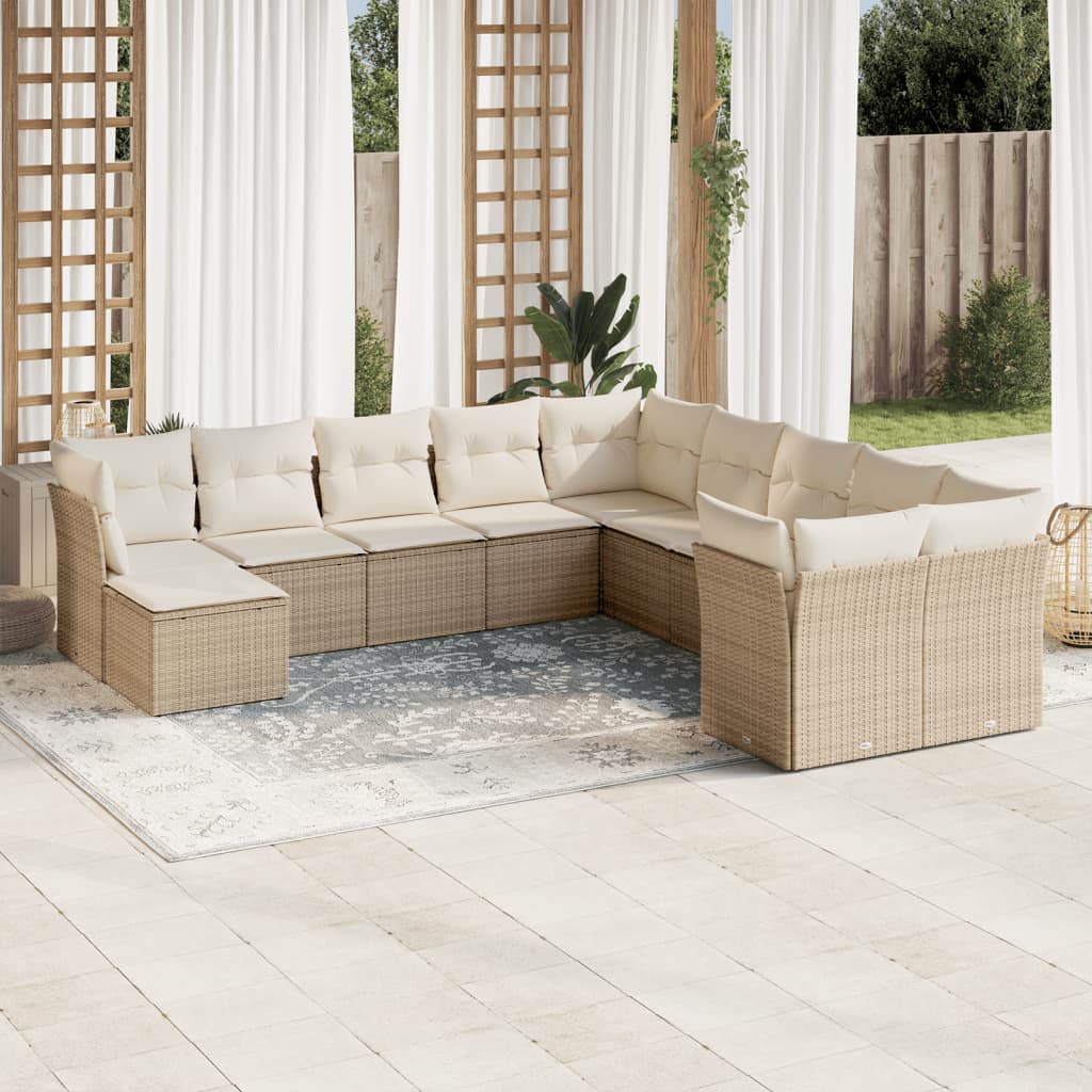 Garden sofa set with cushions, 11 pieces, beige, polyrattan