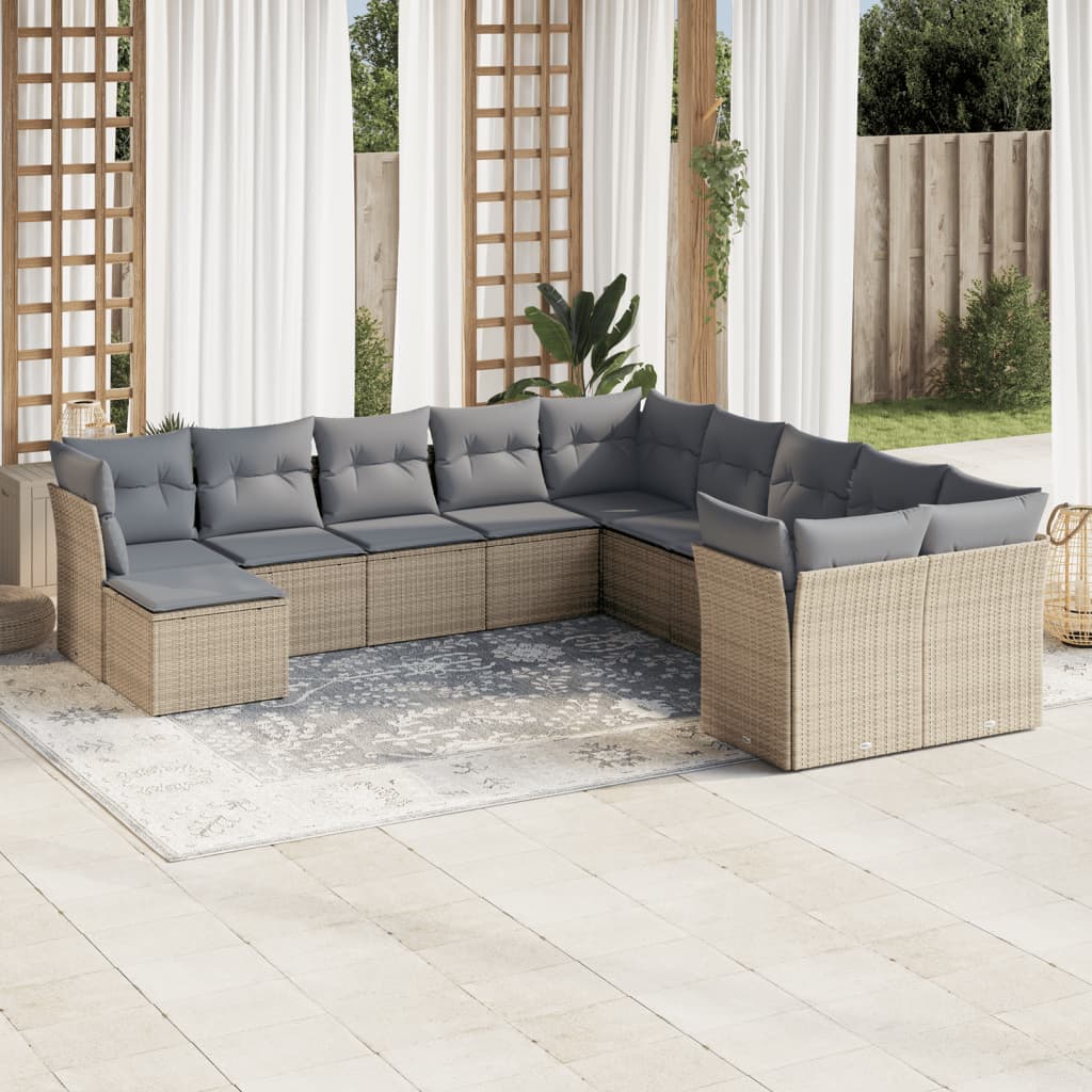 Garden sofa set with cushions, 11 pieces, beige, polyrattan