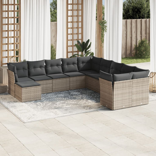 Garden sofa set with cushions, 11 pieces, grey, poly rattan