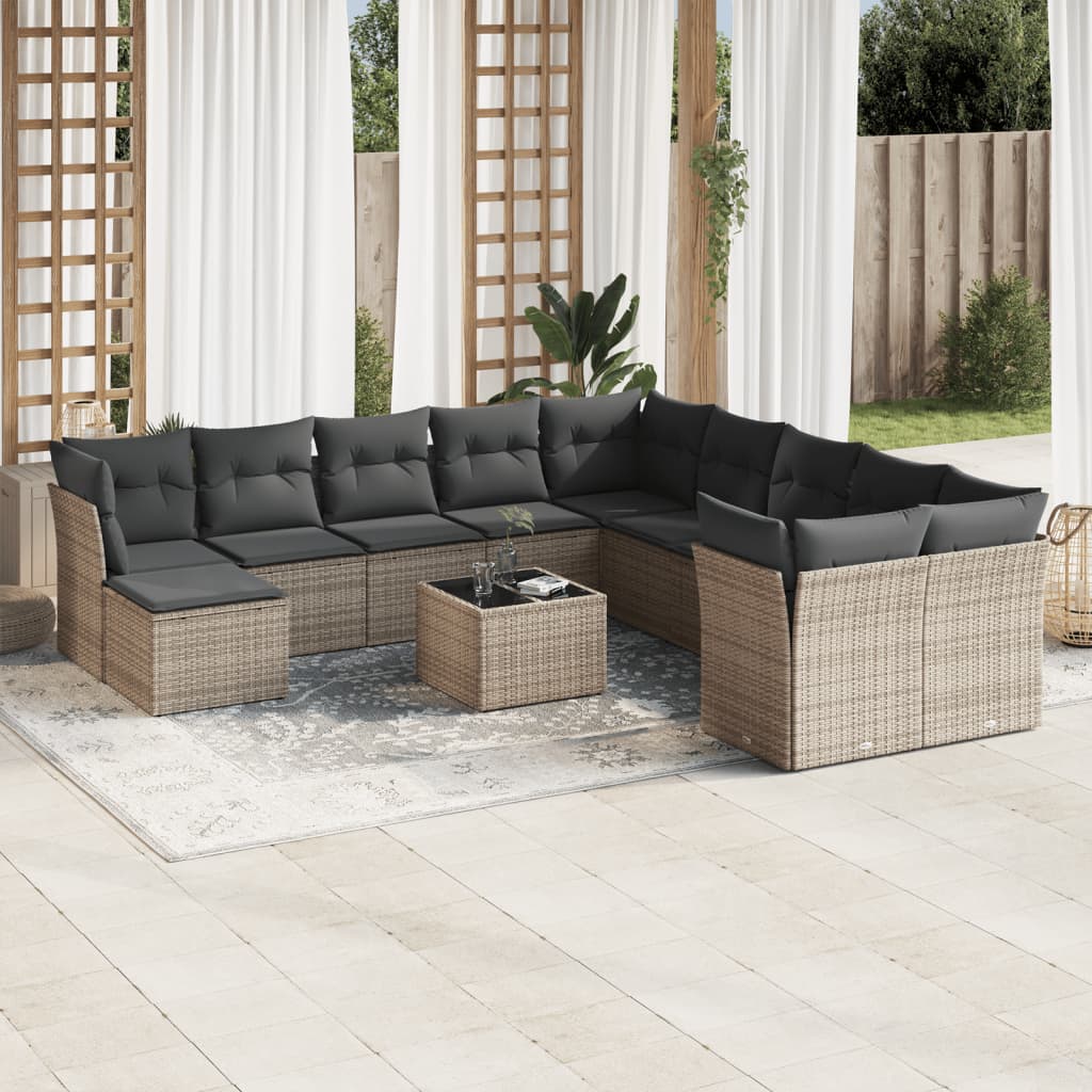 Garden sofa set with cushions, 12 pieces, grey, poly rattan