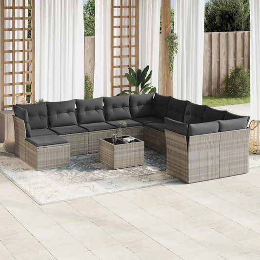 Garden sofa set with cushions, 12 pieces, light grey, polyrattan