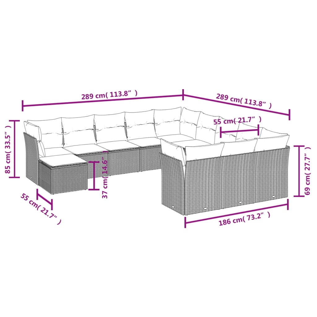 Garden sofa set with cushions, 12 pieces, light grey, polyrattan