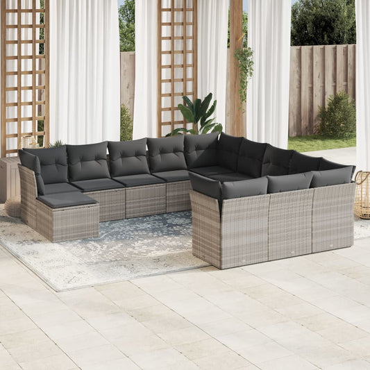 Garden sofa set with cushions, 12 pieces, light grey, polyrattan