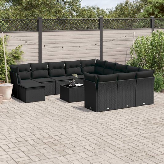 Garden furniture set with cushions, 13 pieces, black, polyrattan