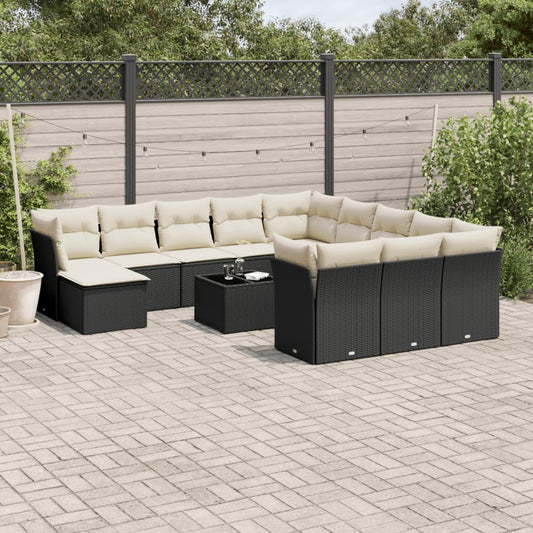 Garden furniture set with cushions, 13 pieces, black, polyrattan