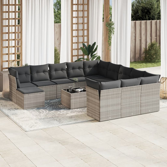 Garden sofa set with cushions, 13 pieces, light grey, polyrattan