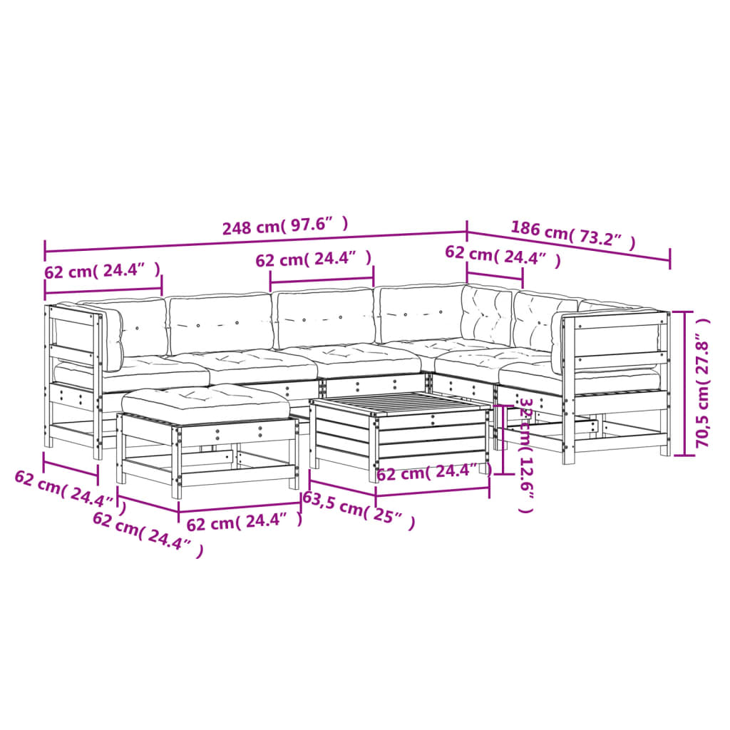 Garden furniture set with cushions, 8 pieces, solid douglas fir