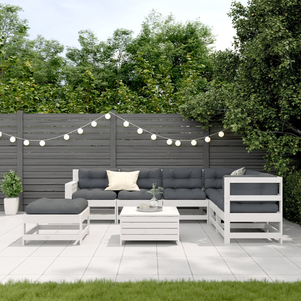 Garden furniture set with cushions, 8 pieces, white, solid pine wood